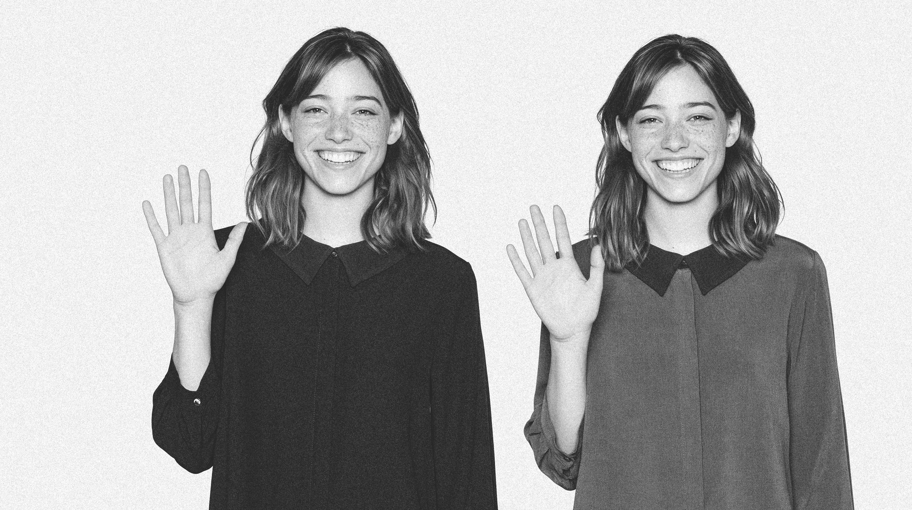 Black-and-white portrait of a woman beside an identical generated likeness of herself, both waving