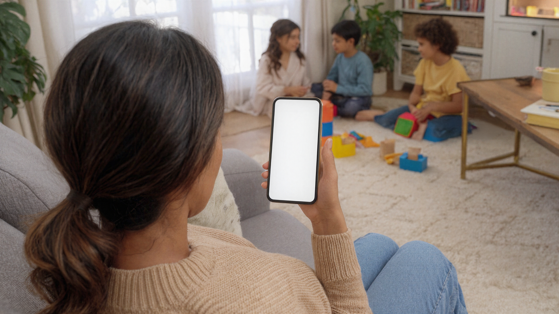 Ring indoor camera — a parent on the sofa watching her children play