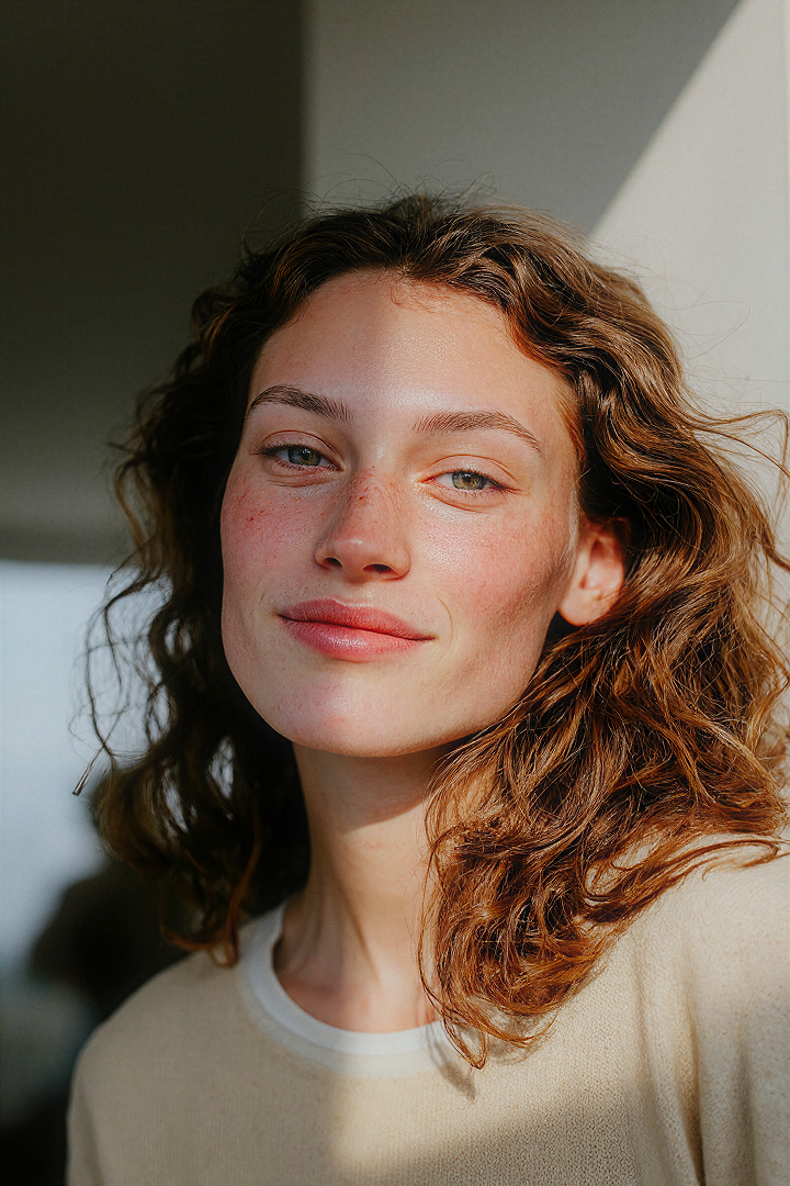 Close portrait of a woman with curly hair, soft light