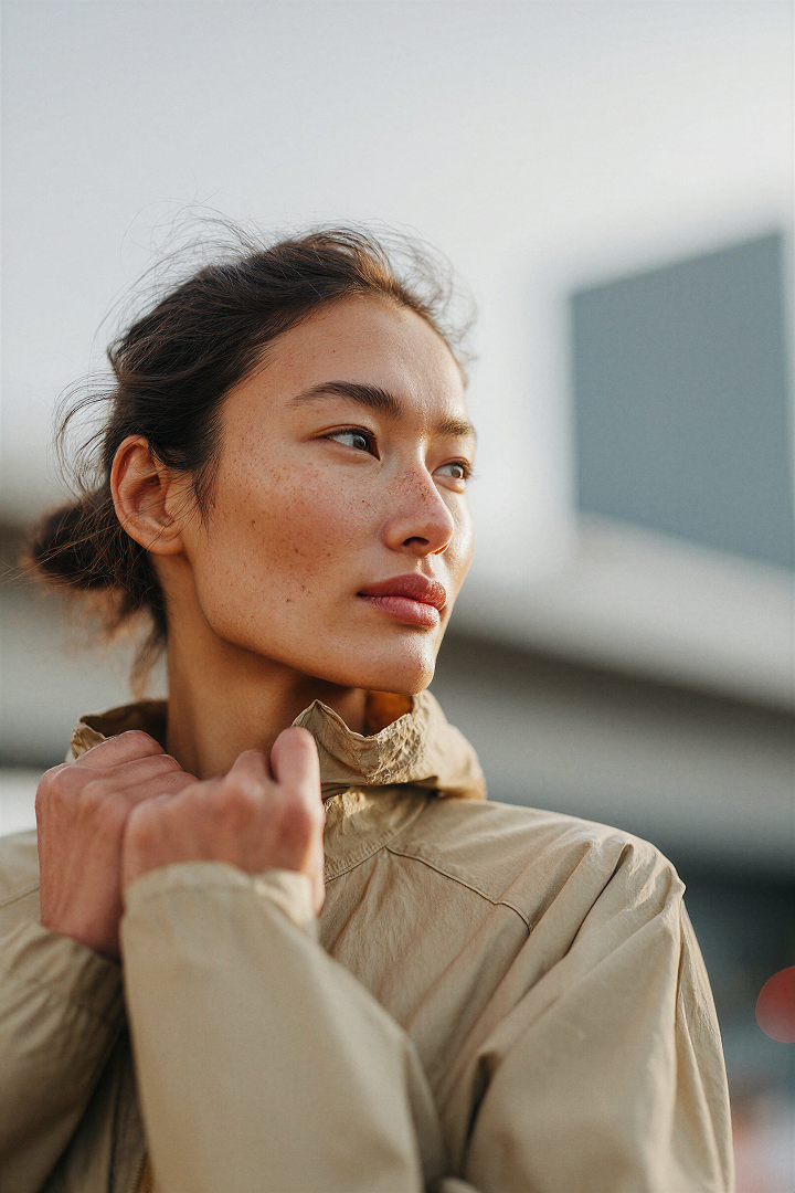 Portrait of a woman in a beige windbreaker outdoors