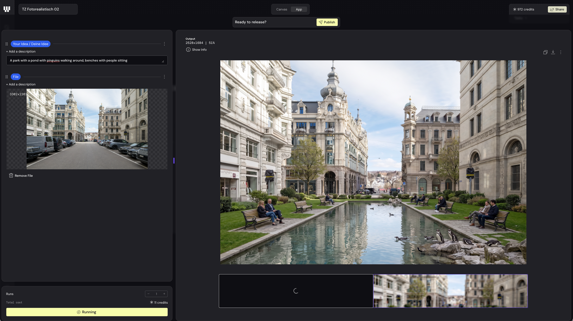 App screenshot — image generator producing a city park with a pond and penguins from a written prompt