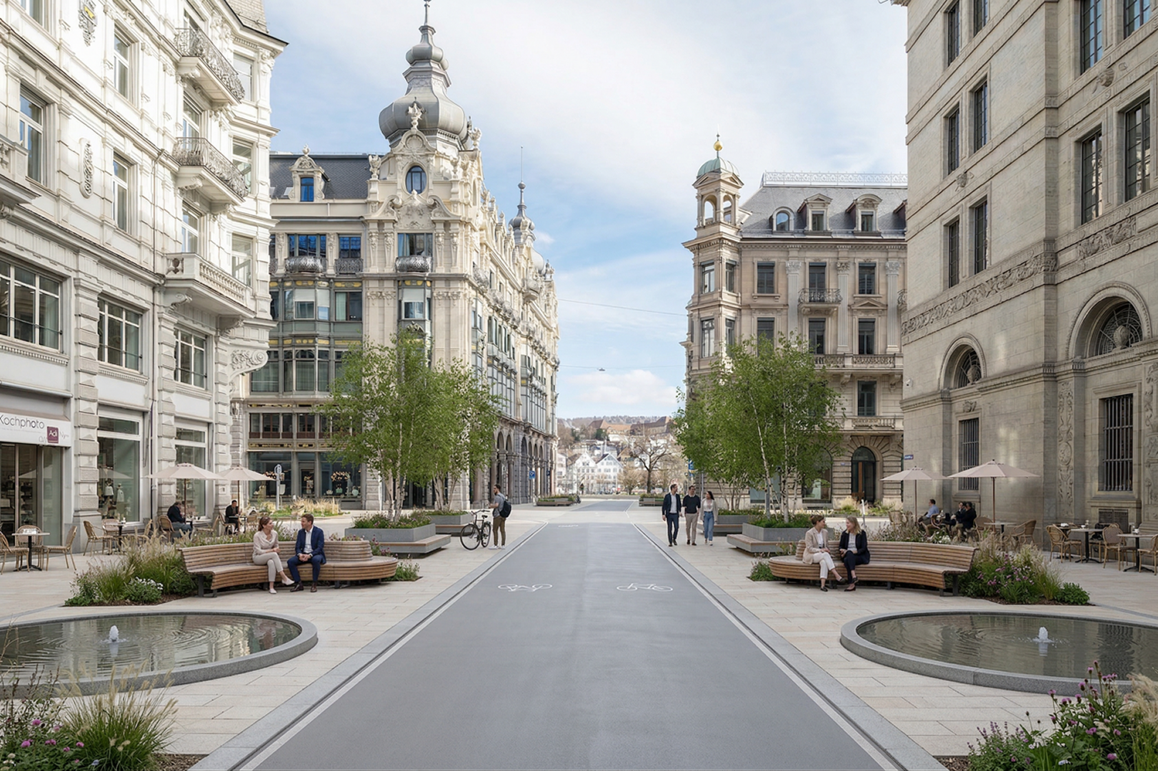 Photorealistic render — city street redesigned with central bike path, benches and circular fountains