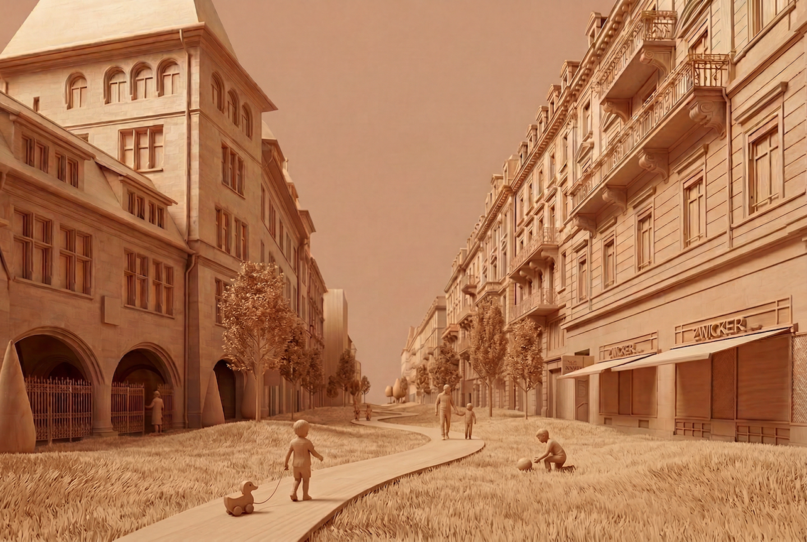 Wood-model render — street redesigned as a linear park with children playing on a grass meadow