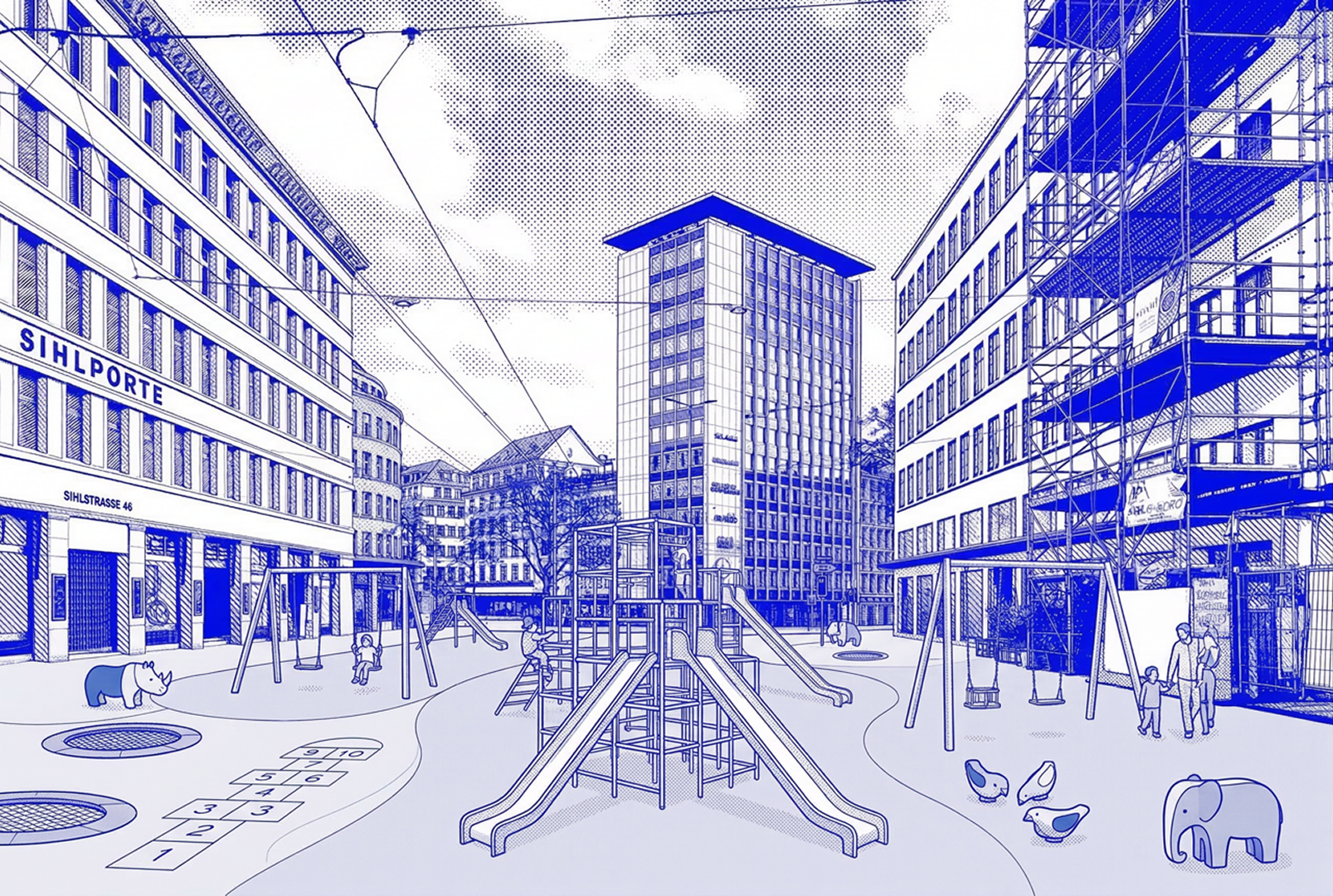 Render — street converted to raised vegetable beds tended by residents