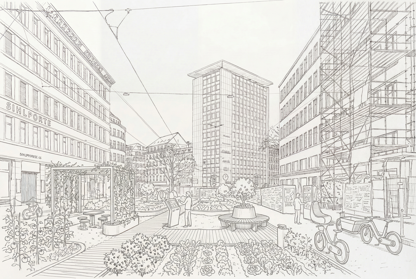 Render — wide pedestrian boulevard with a central water feature