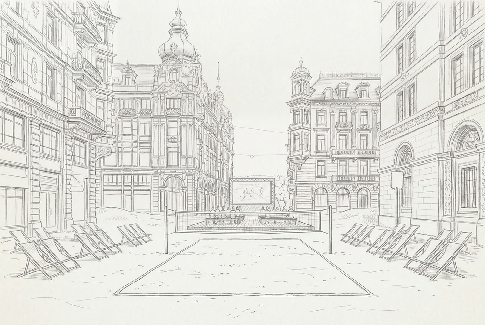 Sketch — city square as a sand-court beach setup with deck chairs and an outdoor screen